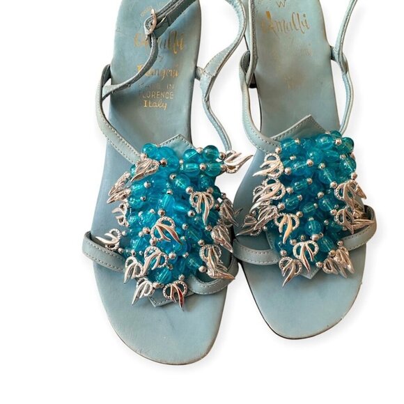 Vintage 60s Amalfi by Rangoni Beaded Mod Heel Sandals 5.5M – Blue, Made in Italy - Picture 12 of 15